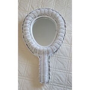 Wicker Rattan Hand Held Mirror Two Sided Vintage White 1970's Woven Braided